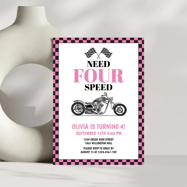 Need Four Speed Pink Heavy Bike Fourth Birthday  Invitation (Creator Uploaded)