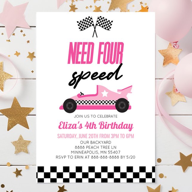 Need Four Speed Pink Race Car 4th Birthday Party Invitation (Creator Uploaded)