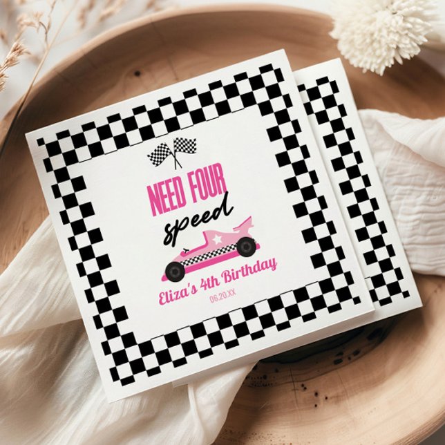Need Four Speed Pink Race Car 4th Birthday Party Napkin (Creator Uploaded)