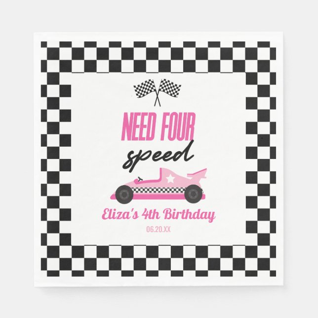 Need Four Speed Pink Race Car 4th Birthday Party Napkin (Front)