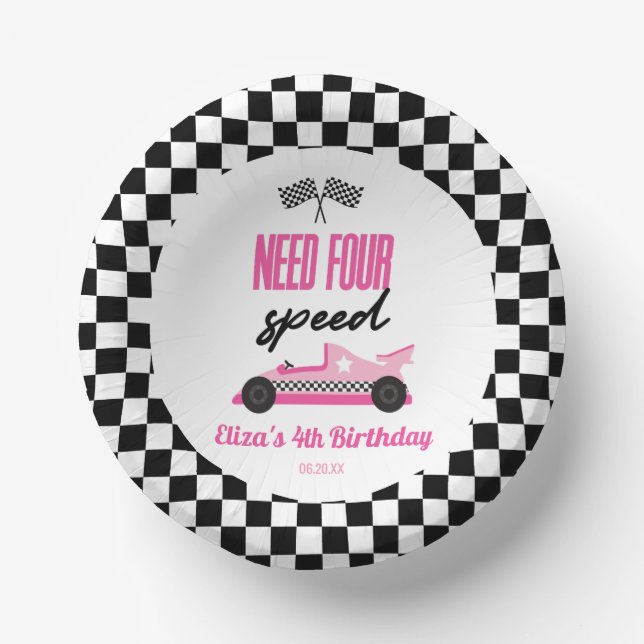 Need Four Speed Pink Race Car 4th Birthday Party Paper Plate (Front)