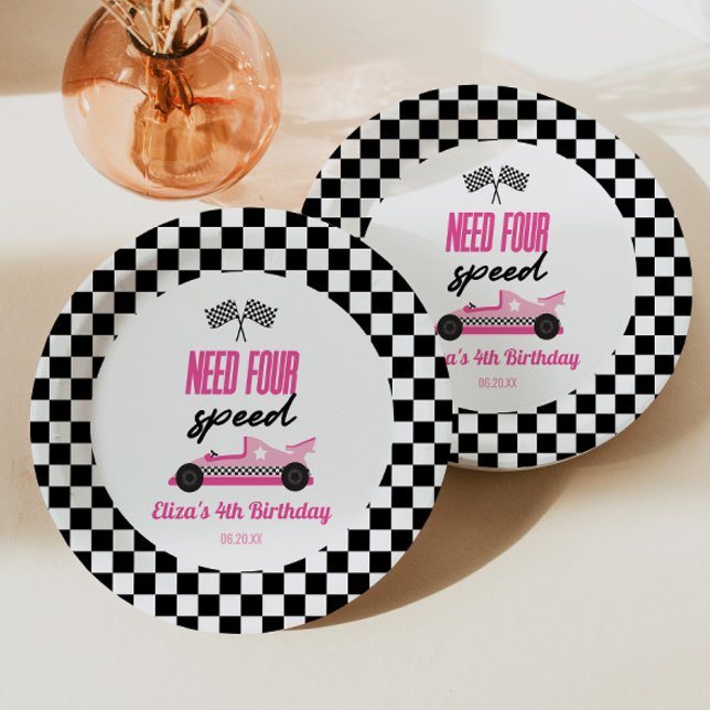 Need Four Speed Pink Race Car 4th Birthday Party Paper Plate (Creator Uploaded)