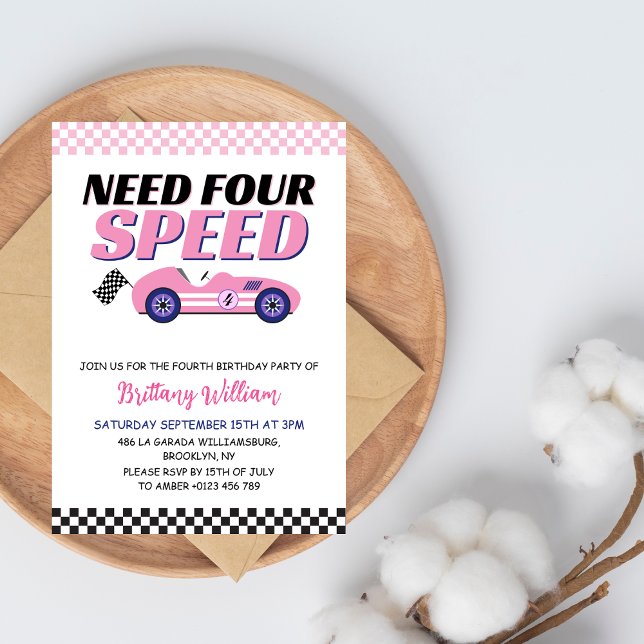 Need Four Speed Pink Race Car Girl Birthday Invitation (Creator Uploaded)