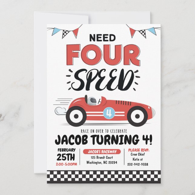 Need FOUR Speed Race Car Birthday Invitation (Front)