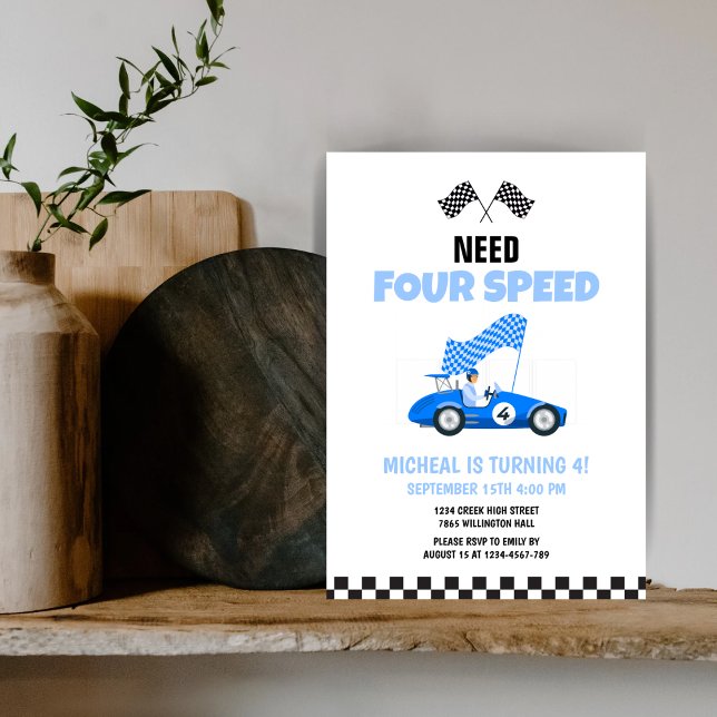 Need Four Speed Race Car Blue Fourth Birthday Invitation (Creator Uploaded)