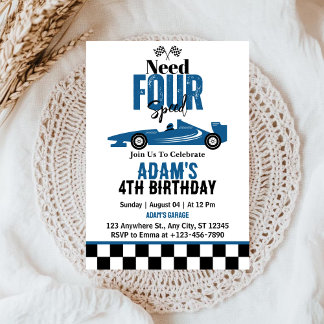 Need Four Speed Race Car Boy 4th Birthday Party  Invitation