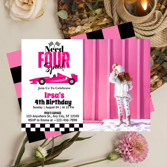Need Four Speed Race Car Girl 4th Birthday Photo Invitation (Creator Uploaded)