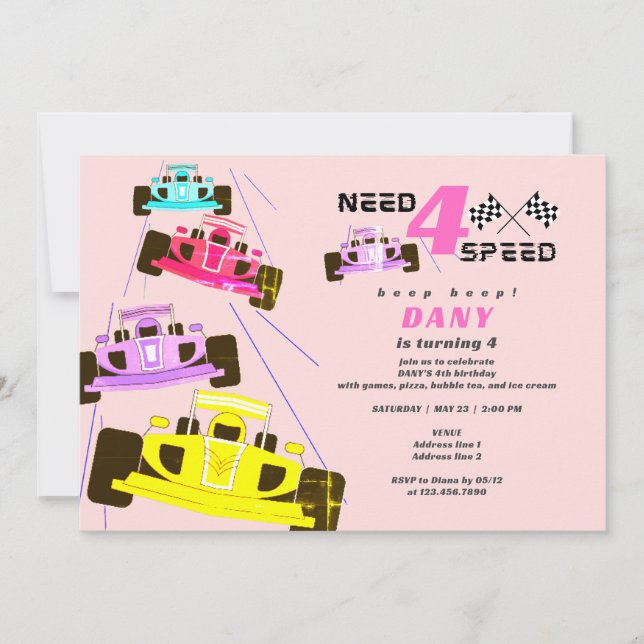 Need Four Speed Racer Girl Car Race 4th Birthday Invitation (Front)