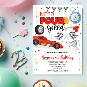 Need Four Speed Racing Car Red 4th Boy Birthday Invitation