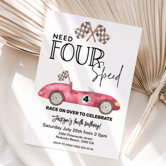 Need FOUR Speed Red Race car 4th birthday Invitation (Red race car brithday invitation 4th birthday, need four speed)
