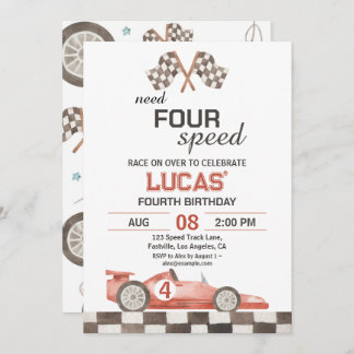 Need Four Speed Red Race Car 4th Birthday Party Invitation