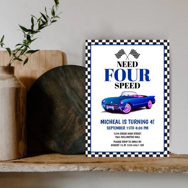 Need Four Speed Sports Car Blue Fourth Birthday Invitation (Creator Uploaded)