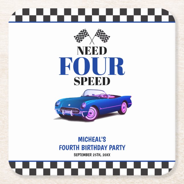 Need Four Speed Sports Car Blue Fourth Birthday Square Paper Coaster (Front)