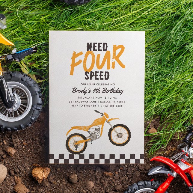 Need Four Speed Yellow Dirt Bike Boy 4th Birthday Invitation (Creator Uploaded)