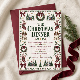 Needlepoint Christmas Dinner Burgundy Bows Dogs Invitation