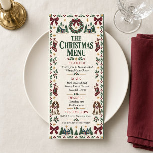 Needlepoint Christmas Dinner Burgundy Bows Dogs Menu
