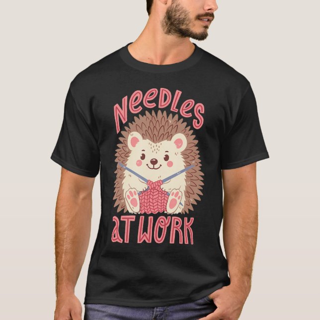 Needles At Work - Knitting Hedgehog T-Shirt (Front)