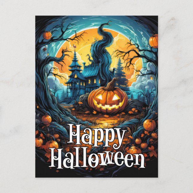 Nefarious Glowing Happy Halloween Pumpkin Postcard (Front)