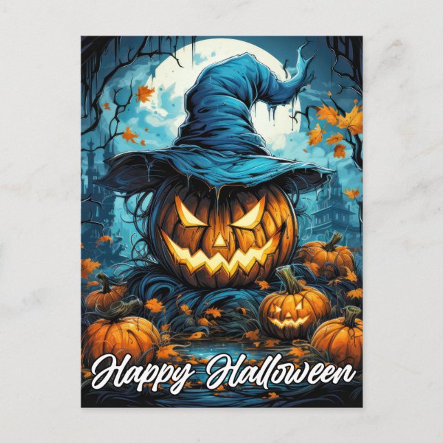 Nefarious Happy Halloween Pumpkin Illustration Postcard (Front)