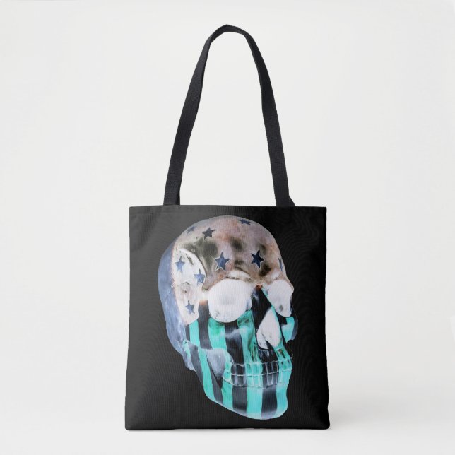 Negative image painted skull on black tote bag (Front)