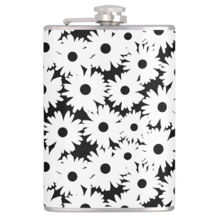 Negative Space Daisies white on black Hip Flask