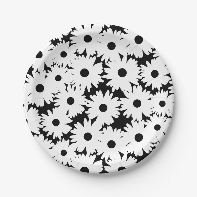 Negative Space Daisies white on black Paper Plate (Front)