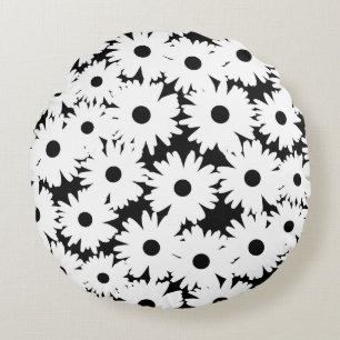 Negative Space Daisies white on black Round Cushion