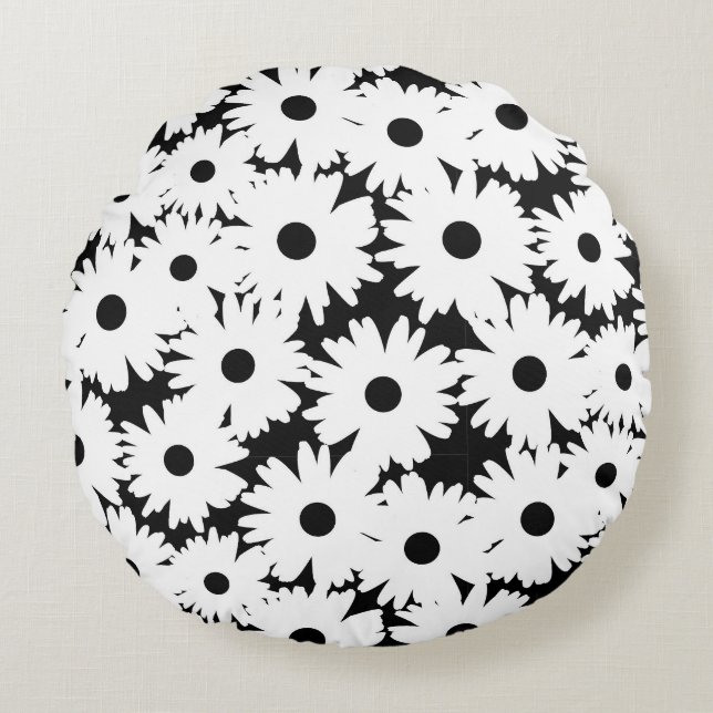 Negative Space Daisies white on black Round Cushion (Front)