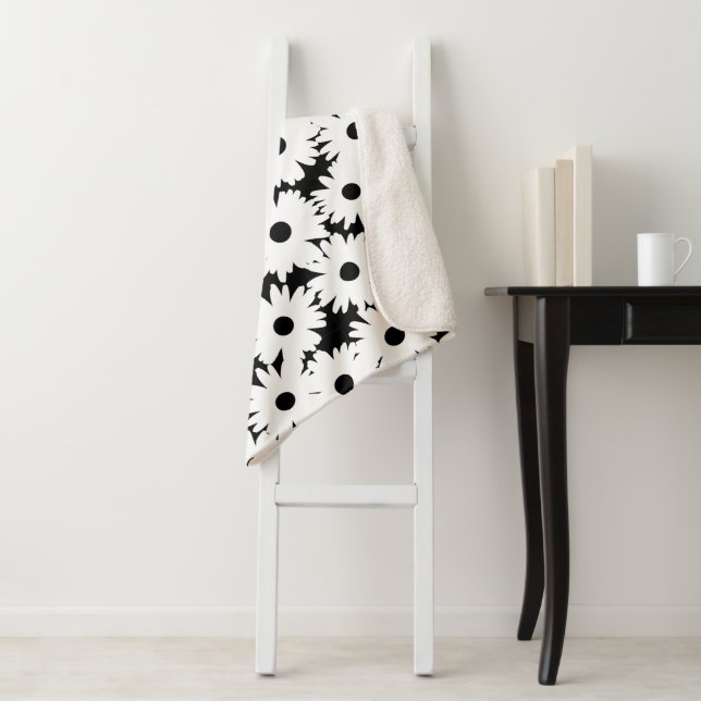 Negative Space Daisies white on black Sherpa Blanket (In Situ)