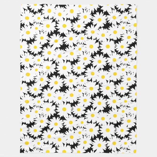 Negative Space Daisies white yellow on black Fleece Blanket (Front)