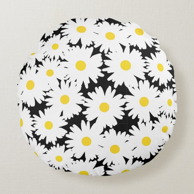 Negative Space Daisies white yellow on black Round Cushion (Front)