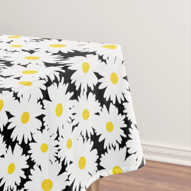 Negative Space Daisies white yellow on black Tablecloth (In Situ)
