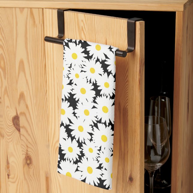 Negative Space Daisies white yellow on black Tea Towel (Thirds Fold)
