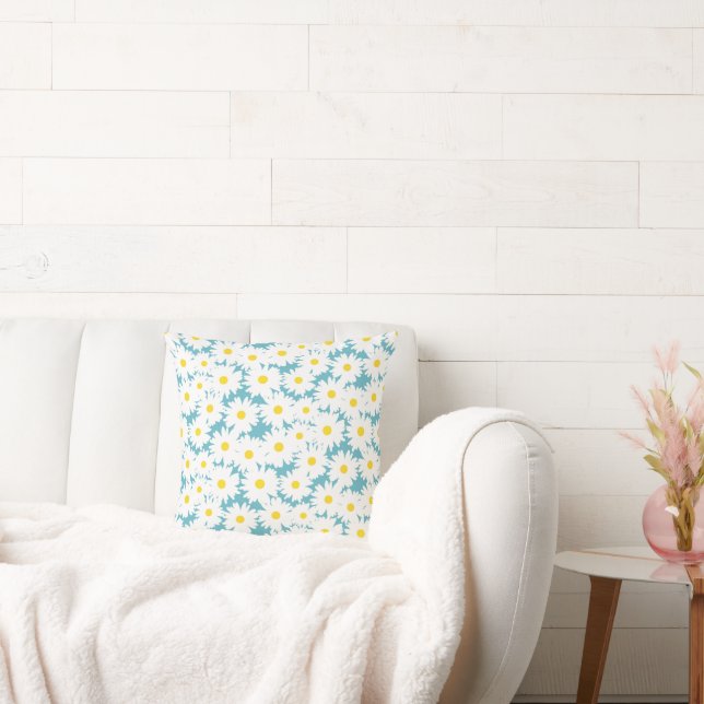 Negative Space Daisies white yellow on blue Cushion (Couch)
