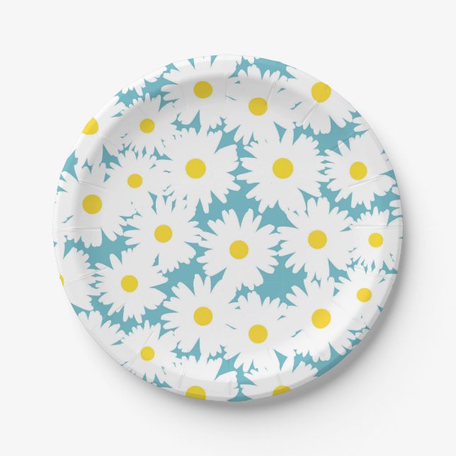 Negative Space Daisies white yellow on blue Paper Plate (Front)