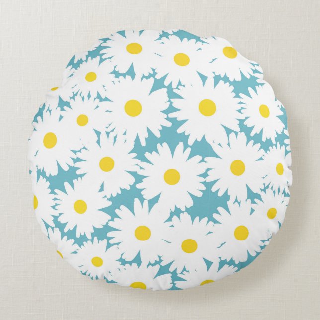 Negative Space Daisies white yellow on blue Round Cushion (Front)