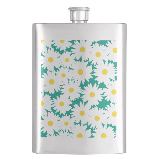 Negative Space Daisies white yellow on green Hip Flask (Front)