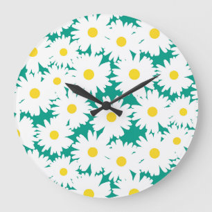 Negative Space Daisies white yellow on green Large Clock