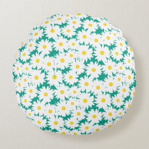 Negative Space Daisies white yellow on green Round Cushion