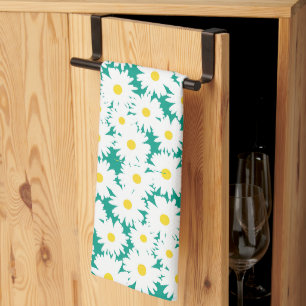 Negative Space Daisies white yellow on green Tea Towel