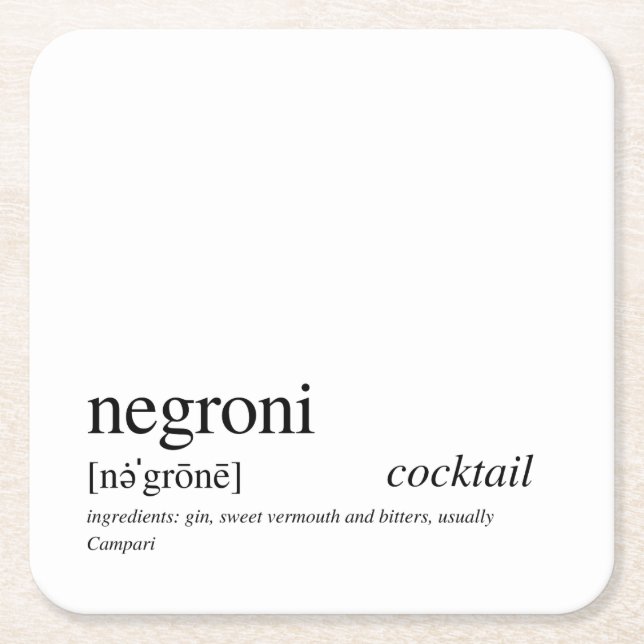 Negroni Modern Quote Black Typography Square Paper Coaster (Front)