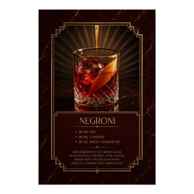 Negroni Recipe Poster | Bar Art (Front)