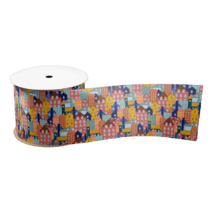 Neighborhood Block City Houses Pattern Satin Ribbon