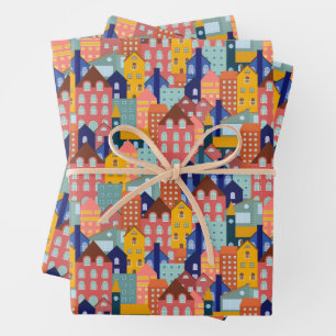 Neighborhood Block City Houses Pattern Wrapping Paper Sheet