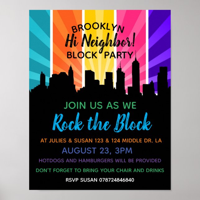 Neighborhood rock the block Block Party Invitation Poster (Front)