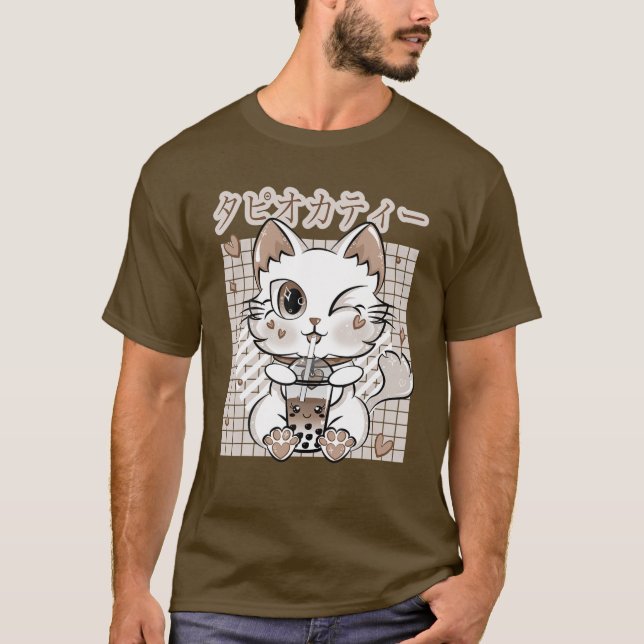 Neko Kitty Drinking Bubble Milk Tea Japanese Kawai T-Shirt (Front)