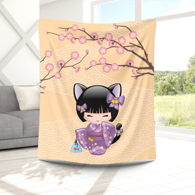 Neko Kokeshi Doll - Cat Ears Geisha Girl Fleece Blanket (Creator Uploaded)