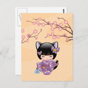 Neko Kokeshi Doll - Cat Ears Geisha Girl Postcard