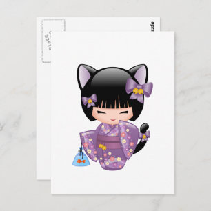 Neko Kokeshi Doll - Cat Ears Geisha Girl Postcard