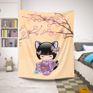 Neko Kokeshi Doll - Cat Ears Geisha Girl Sherpa Blanket